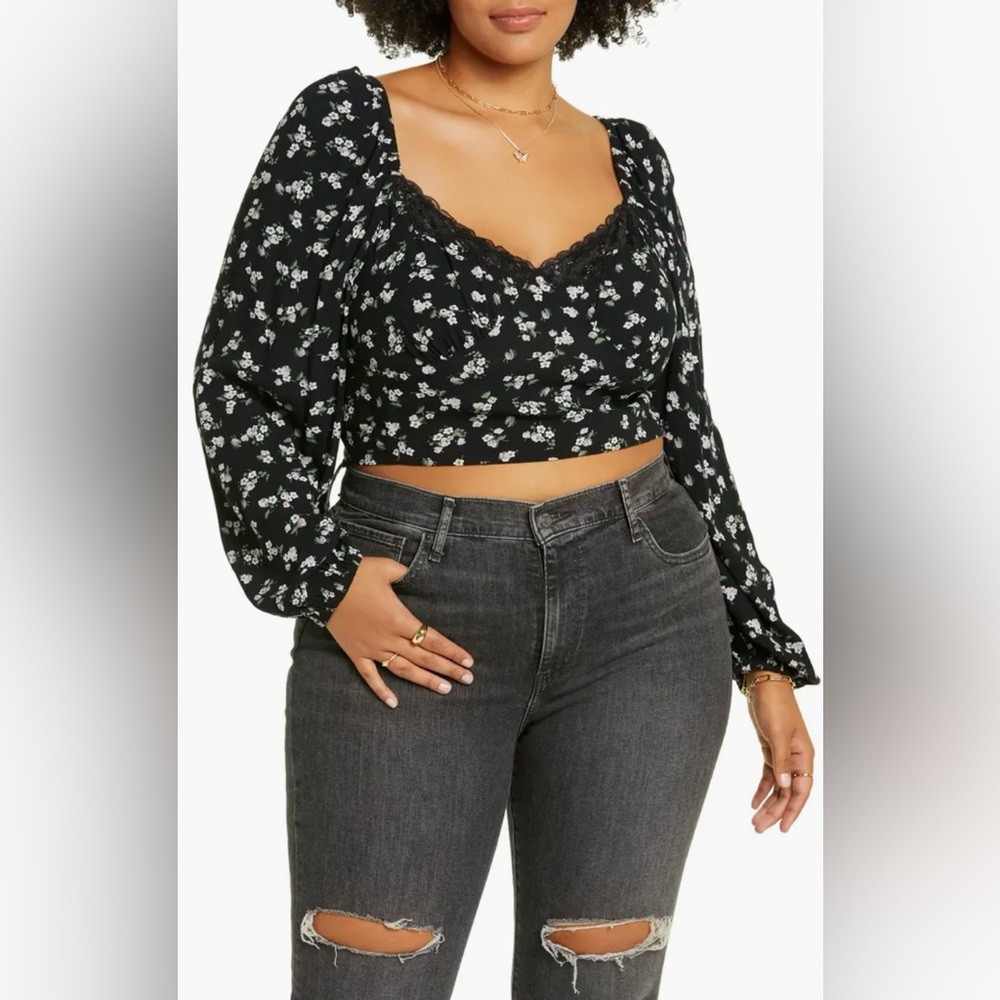 Nordstrom 1X BP Lace Trim Long Sleeve Crop Top Black Floral